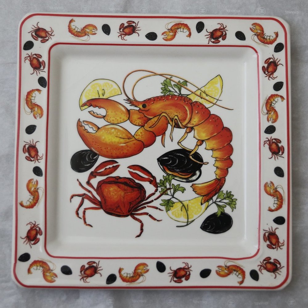 Italian Serving Square Plate Lobster Seafood White Orange New